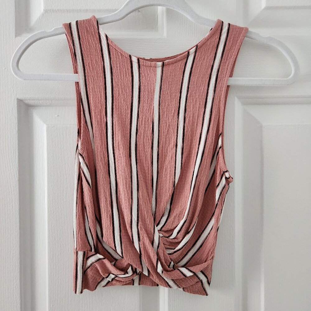 Love Tree Pink, Black & White Striped Twist Detail Crop Top Tank - Size S